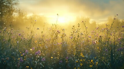 Poster -   The sun illuminates a field of wildflowers through the clouds