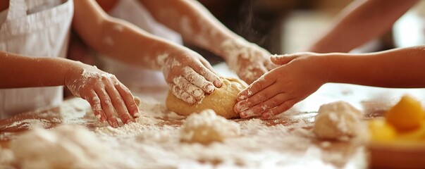 Children with flour-dusted hands kneading dough and baking bread in the kitchen