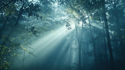 Poster -  A dense forest with numerous trees emitting a beam of sunlight at its center