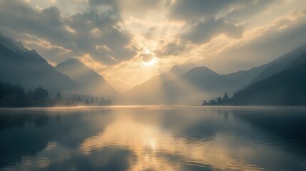 Poster -    a sunny day with mountains behind a serene water foreground, as sunlight filters through the cloudy sky