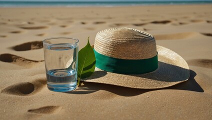 A straw hat, unmarked cosmetic tubes, a glass of water, and a green leaf on a sandy surface, showcasing natural elements and offering space for text.