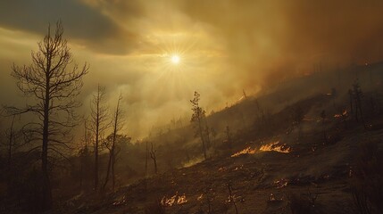 Poster -   Sun illuminates cloudy sky over denser forest of burnt trees and hillier terrain with sparse greenery