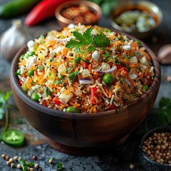 Wall Mural - Delicious Colorful Rice Dish in a Wooden Bowl