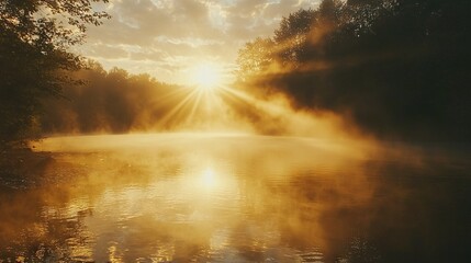 Wall Mural -   The sun shines through the clouds over a body of water, with trees in the foreground and a reflection in the water