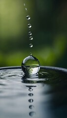 Wall Mural - A water droplet in a container set against a natural green background, with space for text.