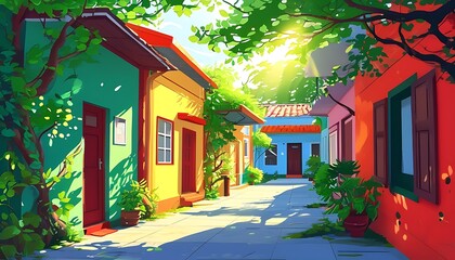 The quaint alleys are lined with colorful buildings, surrounded by green leaves, and the sun shines on the ground through the shadows of the trees, showing a peaceful atmosphere of life.