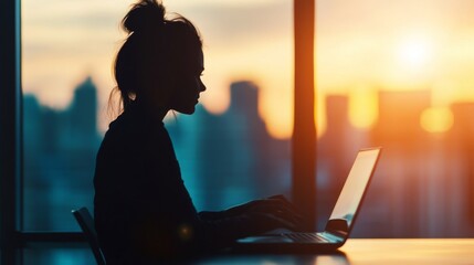 Silhouette of a Woman Working at Sunset