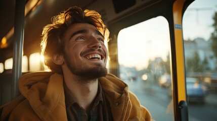 Low angle view of happy man riding in a bus. Copy space.