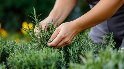 Wall Mural - Woman farmer examining rosemary plant while gardening in sunny greenhouse