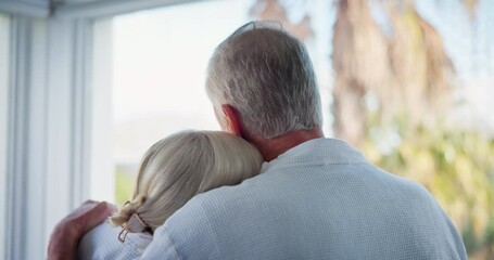 Canvas Print - Senior couple, back and window with hug for love, morning or embrace on holiday, weekend or vacation at resort. Elderly man, woman or lovers enjoying bonding time, romance or memory at luxury hotel