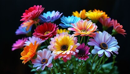 A bunch of colorful flowers blooms against a dark background, dazzling and dazzling, showing the beauty and vitality of nature.