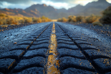 Poster - faded tire marks on a deserted road, indicating a recent vehicle's path. concept of transportation a
