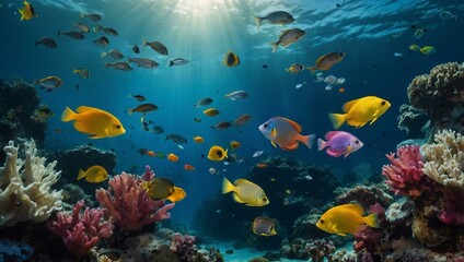 Art print of colorful fish in a playful underwater scene.