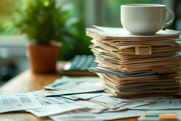 Sticker - An office desk cluttered with financial documents and receipts, showing the complexity and disorganization of personal finances. Concept of financial paperwork and organization.