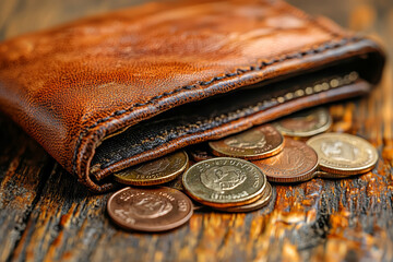 Poster - An empty wallet with a few coins scattered inside, symbolizing a lack of funds and financial instability. Concept of poverty and economic hardship.