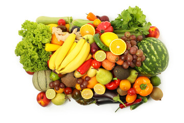 Wall Mural - Many different fruits and vegetables isolated on white, top view