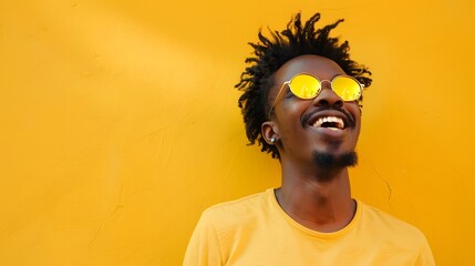 Happy afro man in stylish sunglasses on yellow wall background