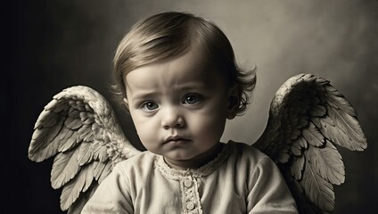 Wall Mural - Baby angel depicted in a delicate vintage engraving style.