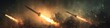 © 2rogan - Rocket launch amidst fiery clouds in a battle scene featuring missiles directed towards a dark sky, soldiers and rockets create a war atmosphere with selective focus.