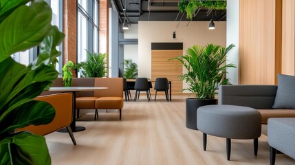 Bright, open co-working space with natural light, comfortable seating, and greenery, creating a refreshing work environment