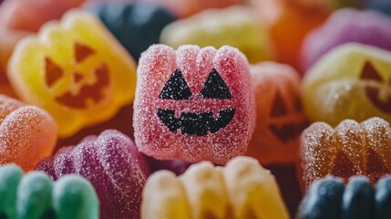 Vibrant halloween pumpkin candy corn gummies creating a textured backdrop