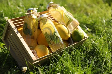 Wall Mural - Refreshing lemonade with mint and fresh fruits in wooden crate on green grass outdoors