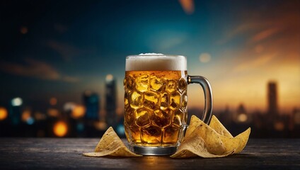 Wall Mural - Beer glass with nacho chips against an abstract background, ideal for text or design.