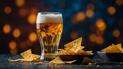 Wall Mural - Beer glass with nacho chips against an abstract background, ideal for text or design.