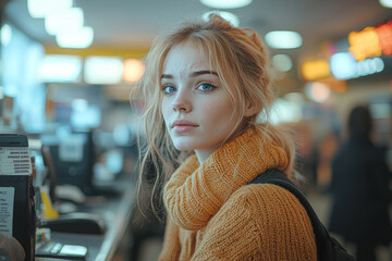 Sticker - A person looking stressed while waiting in line at a payday loan store, symbolizing the use of high-cost short-term loans. Concept of payday loans and financial desperation.