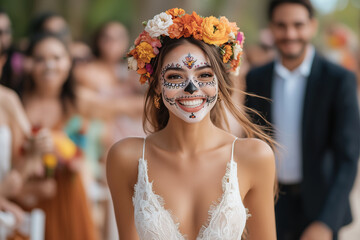 woman dressed as Day of the Dead bride in full-length white gown, classic sugar skull makeup and flower crown walking outdoor aisle