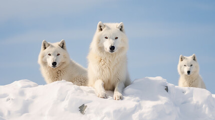  A white wolf with orange eyes standing in the snow