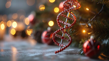 A festive DNA helix ornament decorated with red and white beads hanging on a Christmas tree. The unique design adds a scientific twist to holiday celebrations, perfect for creative Christmas decoratio