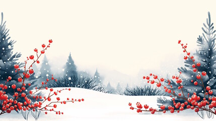 Winter scene with snow-covered trees and red berries framing the image. The soft snowfall adds a gentle holiday touch, perfect for Christmas designs or seasonal greeting cards