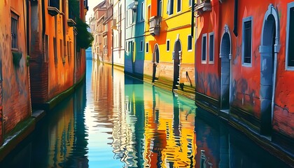 Wall Mural - The peaceful waterway is lined with ancient buildings and colorful walls. The sun shines on the water, forming a beautiful reflection.