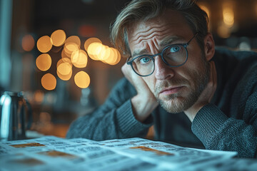 Poster - A close-up of a worried individual examining a credit score report with low ratings, reflecting creditworthiness issues. Concept of credit scores and financial health.