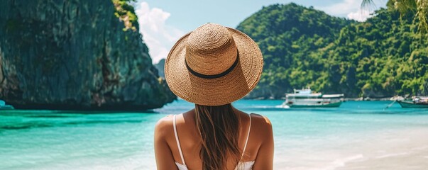 Woman with sun hat enjoying the tropical beach view in thailand