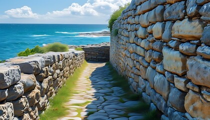 Wall Mural - The stone walls and the shining ocean on both sides of the ancient street are filled with the air of history.