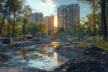Poster - a city park undergoing renovation, highlighting urban renewal and community enhancement. concept of 