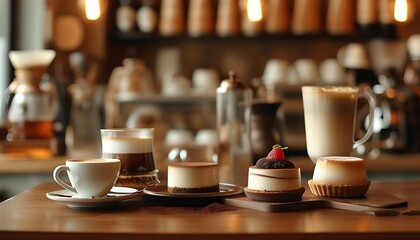 A desktop displaying exquisite coffee and delicious desserts, with a warm and soft background and a comfortable and pleasant atmosphere, is suitable for enjoying a moment of tranquility.