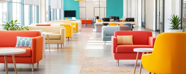 Creative co-working hub with colorful decor, brainstorming zones, and collaborative workspaces, inspiring innovation