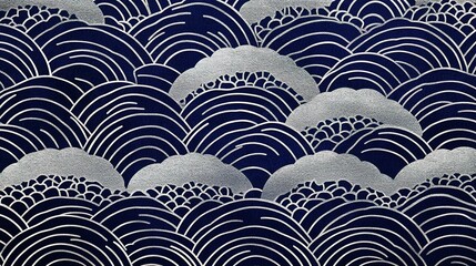 Sticker - Silver and Blue Japanese Pattern of Waves and Clouds