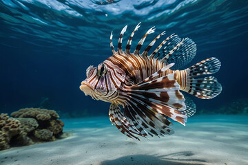 Wall Mural - beautiful lion fish hovering in mid water hunting for small prey in blue water