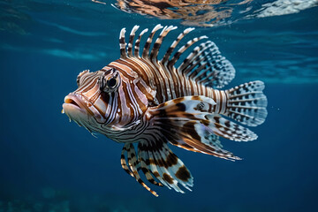 Wall Mural - beautiful lion fish hovering in mid water hunting for small prey in blue water