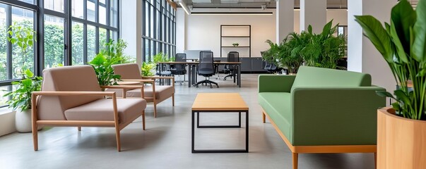 Open, airy co-working environment with ergonomic furniture, greenery, and natural light, creating a refreshing work vibe