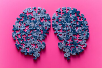 Wall Mural - Neural entrainment Cognitive reserve Two puzzle piece brains on a pink background illustrating the complexity and interconnection of thoughts and ideas