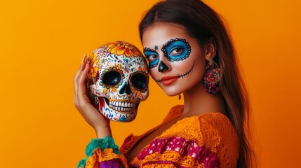 Halloween or Day of the Dead. Cheerful woman with mexican style face art posing with decorative skull on orange background in studio. Woman with bright