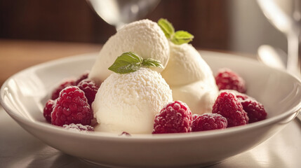 A white plate with a scoop of ice cream and raspberries