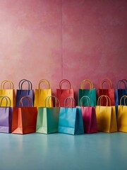 Colorful shopping bags creatively arranged on a lively background, exuding fun vibes.