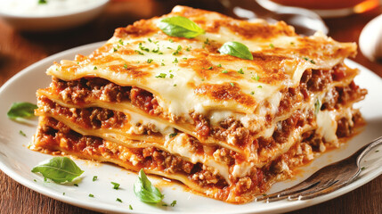 Wall Mural - A large lasagna with meat and cheese on a white plate