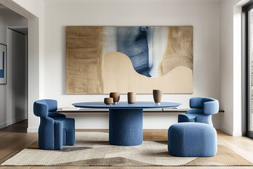 japandi, minimalist interior design of modern living room. dining room with blue dining table and st